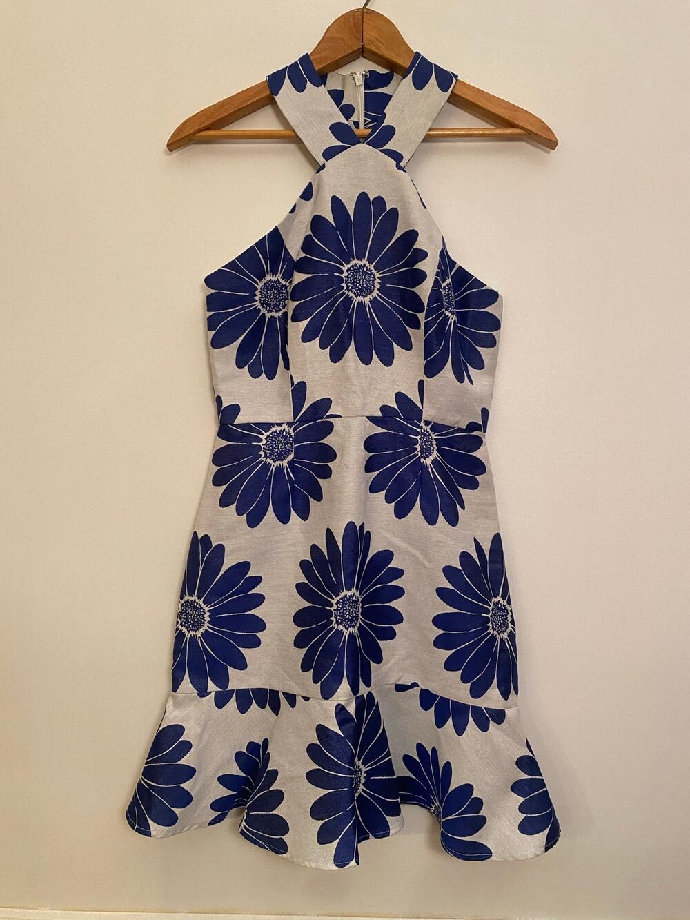 Anthropologie White Midi Dress with Bold Blue Floral Print
